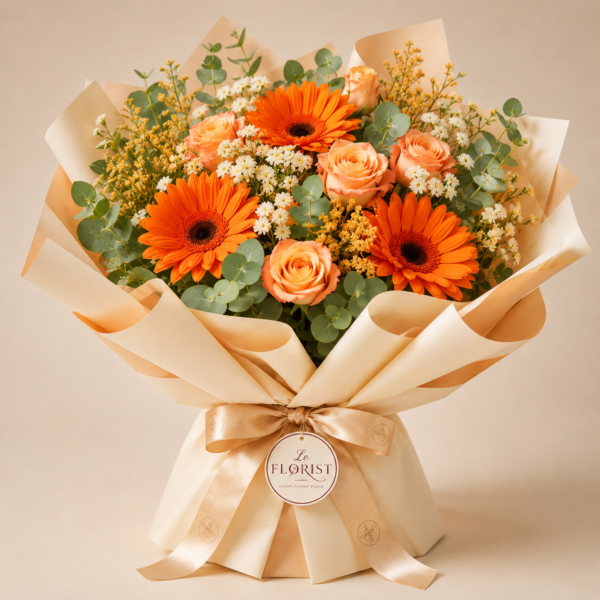 # Radiant Achievement Bloom Delivery in Dhaka Celebrate success, confidence, and meaningful new beginnings with the vibrant beauty of our **Radiant Achievement Bloom Bouquet**. Designed with fresh orange gerberas, premium peach roses, delicate white daisy-style flowers, golden seasonal fillers, eucalyptus leaves, and seasonal greenery, this cheerful arrangement is a thoughtful way to congratulate someone on an important achievement. The bouquet is beautifully finished with premium cream and warm peach wrapping, a champagne satin ribbon, and the signature **Le Florist logo tag**. Its bright orange, peach, white, and green color palette creates a joyful and polished presentation suitable for graduations, job promotions, new careers, academic success, business achievements, award ceremonies, and other proud milestones. Whether you are congratulating a friend, graduate, colleague, employee, family member, business partner, or loved one, the Radiant Achievement Bloom delivers a meaningful message of pride, encouragement, appreciation, and sincere best wishes. ## A Bright and Cheerful Congratulations Bouquet The Radiant Achievement Bloom is designed to create an energetic, uplifting, and luxurious impression. Fresh orange gerberas act as the main focal flowers, bringing bold color, natural beauty, and a feeling of celebration to the arrangement. Premium peach roses are placed alongside the gerberas to add elegance, softness, and visual balance. Their gentle peach tones complement the brighter orange flowers while giving the bouquet a refined and graceful appearance. Small white daisy-style flowers provide a fresh contrast, while golden seasonal fillers add texture, warmth, and natural volume. Fresh eucalyptus leaves and seasonal greenery complete the arrangement with depth and balance. The bouquet is carefully wrapped in layered cream and peach paper, then finished with a champagne satin ribbon and Le Florist signature branding. The result is a complete, gift-ready flower arrangement suitable for both personal and professional celebrations. ## Orange Gerbera Meaning and Radiant Beauty ### What Do Orange Gerberas Symbolize? Orange gerberas are commonly associated with: * Happiness * Enthusiasm * Confidence * Success * Positive energy * Encouragement * Celebration * New beginnings Their bright and expressive petals make them especially suitable for congratulating someone who has reached an important goal. Orange gerberas communicate excitement, optimism, and pride. They are a meaningful choice for graduations, promotions, new jobs, business openings, exam results, awards, and other moments that deserve recognition. Their bold color also creates an energetic floral presentation that helps make any celebration feel brighter and more memorable. ## What Do Peach Roses Symbolize? Peach roses traditionally symbolize: * Appreciation * Gratitude * Sincerity * Admiration * Warmth * Thoughtful congratulations * Genuine respect Peach roses offer a softer and more refined expression than bright red or yellow roses. They communicate sincere admiration and appreciation without appearing overly romantic. When peach roses are combined with orange gerberas, the result is an uplifting bouquet that expresses pride, encouragement, happiness, and warm wishes for the future. This combination is perfect for saying: “Congratulations on your success.” “I am proud of your achievement.” “Best wishes for your new journey.” “You deserve this special moment.” “Wishing you continued success.” ## Perfect for Celebrating Achievements The Radiant Achievement Bloom is suitable for a wide range of proud and meaningful occasions. It is an excellent choice for: * Graduation ceremonies * University or college graduation * School completion celebrations * Job promotions * New job congratulations * Academic achievements * Exam success * Professional certifications * Business milestones * New office openings * New business launches * Award ceremonies * Employee recognition * Successful project completion * Career achievements * Friendship celebrations * Personal milestones * Encouragement gifts * New beginnings * Corporate celebrations Its bright color palette makes it ideal for moments filled with happiness, confidence, and excitement. ## Graduation Flower Bouquet in Dhaka Graduation represents years of dedication, learning, and hard work. The Radiant Achievement Bloom is a beautiful way to recognize a graduate’s achievement and celebrate the beginning of a new chapter. Orange gerberas symbolize confidence, success, and positive energy, while peach roses represent appreciation and sincere admiration. Together, they create a meaningful graduation bouquet filled with encouragement and pride. This bouquet can be presented during: * Graduation ceremonies * Convocation events * University celebrations * Family gatherings * Graduation photography sessions * Surprise home deliveries * Celebration dinners The vibrant orange and peach flowers also look beautiful in graduation photos and social media pictures. ## Promotion and New Job Flower Gift A promotion or new job is an important professional milestone. Sending a congratulations flower bouquet is a thoughtful way to recognize someone’s hard work and show support for their next chapter. The Radiant Achievement Bloom is suitable for: * A colleague receiving a promotion * A friend starting a new job * A family member achieving a career goal * An employee receiving recognition * A manager reaching a professional milestone * A business partner celebrating success * Someone beginning a new career journey Its polished wrapping and elegant presentation make it appropriate for delivery to offices, workplaces, corporate events, and professional celebrations. ## Corporate Congratulations Flower Bouquet The Radiant Achievement Bloom is also an excellent option for corporate flower gifting. Its warm color palette and sophisticated presentation feel positive, professional, and celebratory. It can be sent to: * Employees * Managers * Clients * Business partners * Company founders * Award recipients * Team members * New business owners * Professional contacts This bouquet is suitable for celebrating promotions, office openings, business launches, company achievements, awards, successful collaborations, and important corporate milestones. ## Product Details The Radiant Achievement Bloom may include: * Fresh orange gerberas * Premium peach roses * Small white daisy-style flowers * Golden seasonal filler flowers * Fresh eucalyptus leaves * Seasonal green foliage * Premium cream wrapping * Warm peach wrapping * Champagne satin ribbon * Le Florist signature logo tag * Hand-arranged luxury presentation Each bouquet is individually arranged to create a full, natural, and visually balanced shape. ## What’s Included Your bouquet includes: * Orange gerberas as the main focal flowers * Premium peach roses for elegant contrast * Small white seasonal flowers * Golden-toned supporting fillers * Fresh eucalyptus leaves * Seasonal green foliage * Layered cream and peach wrapping * Champagne satin ribbon * Le Florist signature branded finishing The bouquet is prepared as a complete gift-ready arrangement. ## Why Choose the Radiant Achievement Bloom? ### Bright and Energetic Presentation The combination of orange gerberas and peach roses creates a cheerful bouquet filled with warmth, confidence, and celebratory energy. ### Premium Mixed Flower Arrangement Gerberas provide bold color and personality, while peach roses add softness, elegance, and balance. ### Ideal for Congratulations This bouquet is specially designed for graduations, promotions, new jobs, academic success, business achievements, awards, and personal milestones. ### Suitable for Personal and Corporate Gifting Its refined color palette makes it appropriate for friends, family members, graduates, colleagues, employees, clients, and business partners. ### Warm Orange and Peach Color Palette Orange, peach, cream, white, and green tones work together to create a vibrant yet sophisticated floral presentation. ### Premium Branded Finishing Layered cream and peach wrapping, a champagne satin ribbon, and Le Florist signature branding give the bouquet a polished and luxurious appearance. ### Beautiful for Celebration Photography The bold gerberas, elegant roses, and warm wrapping make this bouquet highly photogenic for graduations, award ceremonies, office celebrations, and social media photos. ### Hand-Arranged with Care Each bouquet is prepared by experienced florists to ensure balanced flower placement, natural volume, and a premium overall finish. ## Luxury Congratulations Flower Delivery in Dhaka The Radiant Achievement Bloom is available for delivery across selected areas of Dhaka. It can be delivered to homes, offices, universities, restaurants, event venues, corporate locations, and other celebration destinations. This bouquet is ideal for customers searching for: * Congratulations flower delivery in Dhaka * Orange gerbera bouquet in Dhaka * Peach rose bouquet delivery * Graduation flower bouquet * Promotion flower gift * New job congratulations flowers * Achievement flower bouquet * Corporate flower gifts in Dhaka * Mixed flower bouquet delivery * Luxury celebration flowers * Premium flower delivery in Dhaka Advance ordering is recommended for graduation ceremonies, office celebrations, award events, corporate occasions, scheduled deliveries, and large flower orders. Delivery availability may depend on the recipient’s location, order time, traffic conditions, and flower availability. ## Important Flower Substitution Information Fresh flowers are natural and seasonal products. The exact size, shade, shape, or variety of some supporting flowers may vary depending on availability. If a specific flower, filler, or type of greenery is unavailable, it may be replaced with a similar seasonal variety of equal or greater value. Any substitutions will be selected carefully to maintain: * The orange, peach, cream, white, and green color palette * The bouquet’s overall size and volume * The bright congratulations theme * The premium quality * The overall value * The luxury presentation The main appearance and character of the Radiant Achievement Bloom will remain consistent. ## Flower Care Instructions To help the bouquet remain fresh and beautiful for longer: 1. Carefully remove the lower wrapping before placing the flowers in a vase. 2. Trim one to two centimetres from the bottom of each stem at an angle. 3. Place the flowers in a clean vase filled with fresh water. 4. Change the water every one or two days. 5. Remove any leaves below the water level. 6. Keep the flowers away from direct sunlight and strong heat. 7. Avoid placing the bouquet near air-conditioning vents or ripening fruit. 8. Re-trim the stems every few days to improve water absorption. 9. Remove faded flowers to help the remaining blooms stay fresh. Proper care can help the gerberas, roses, seasonal flowers, and greenery maintain their beauty for a longer period. ## Send a Meaningful Congratulations Gift Celebrate someone’s success with a bouquet that feels vibrant, thoughtful, and memorable. The Radiant Achievement Bloom combines bright orange gerberas, elegant peach roses, delicate white flowers, golden fillers, fresh eucalyptus, and premium wrapping to create a cheerful congratulations gift. Whether you are celebrating a graduation, promotion, new job, academic achievement, business milestone, award, or personal success, this bouquet expresses pride, admiration, encouragement, and warm wishes for the future. Order the **Radiant Achievement Bloom in Dhaka** and make an important milestone even more memorable with a bright and elegant flower delivery from Le Florist. **Categories:** Congratulations Flowers, Gerbera Bouquets, Peach Rose Bouquets, Mixed Flower Bouquets, Graduation Flower Bouquets, Promotion Gifts, New Job Flowers, Achievement Flowers, Corporate Flower Gifts, Celebration Flowers, Luxury Flower Bouquets, Flower Delivery in Dhaka **Recommended Primary Category:** Congratulations Flowers **Product Tags:** Orange Gerbera, Peach Roses, Graduation Gift, Promotion Gift, Achievement Bouquet, Success Flowers, New Job Gift, Corporate Flowers, Mixed Flower Bouquet, Dhaka Flower Delivery