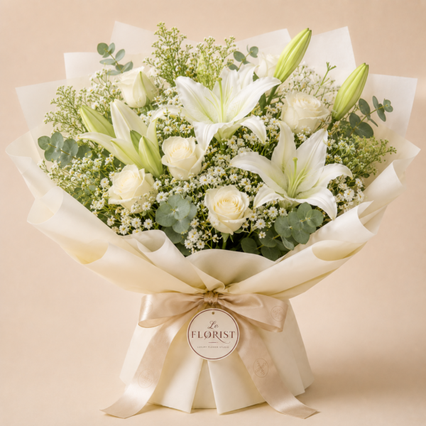 White Serenity Lilies Bouquet Delivery in Dhaka White Serenity Lilies is a graceful sympathy flower bouquet designed to express peace, comfort, and heartfelt condolences. This elegant arrangement features fresh white lilies, white roses, baby’s breath, and soft eucalyptus foliage, beautifully wrapped in premium paper with a refined presentation. It is a thoughtful floral tribute suitable for condolence visits, memorial gestures, and sending support to loved ones during difficult times. At Pikooly Bangladesh, we carefully select fresh flowers to create meaningful sympathy bouquets that reflect purity, respect, and remembrance. Each bouquet is hand-arranged shortly before delivery to ensure freshness, beauty, and a calm elegant look. Whether you want to offer comfort to a grieving family, send a respectful condolence gift, or express sincere support, White Serenity Lilies is a timeless and compassionate choice. Why Choose Our White Serenity Lilies Bouquet Fresh white lilies and white roses Elegant sympathy presentation Premium bouquet wrapping Handcrafted by experienced florists Suitable for condolence and memorial gifting Soft fragrance with a peaceful appearance Carefully arranged for a calm and respectful look White Lily Meaning and Beauty What Do White Lilies Symbolize? White lilies symbolize purity, peace, innocence, and the peaceful remembrance of a loved one. They are one of the most meaningful flowers for sympathy and condolence arrangements because of their calm and graceful appearance. Why White Lilies Are Popular in Sympathy Bouquets White lilies are widely used in condolence bouquets because they create a dignified and comforting impression. Their elegant petals and gentle fragrance help convey compassion, support, and heartfelt respect. Bouquet Includes White lilies White roses Baby’s breath Eucalyptus foliage Premium wrapping Categories Sympathy & Condolence, White Flower Bouquets, Lily Bouquets, Condolence Flowers, Same Day Flowers, Elegant Flower Bouquets