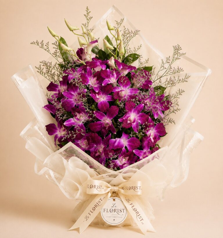 Luxury purple dendrobium orchid bouquet in ivory wrapping