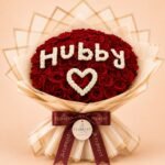 Red rose bouquet with white floral Hubby message and heart