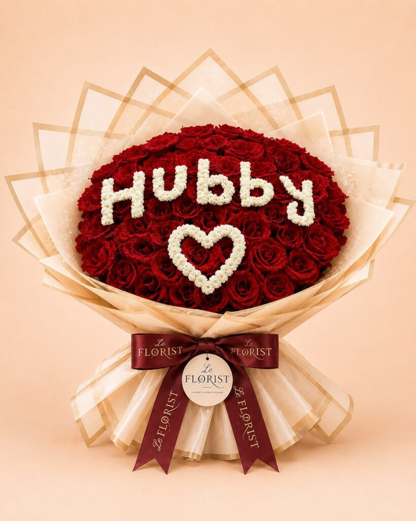 Red rose bouquet with white floral Hubby message and heart