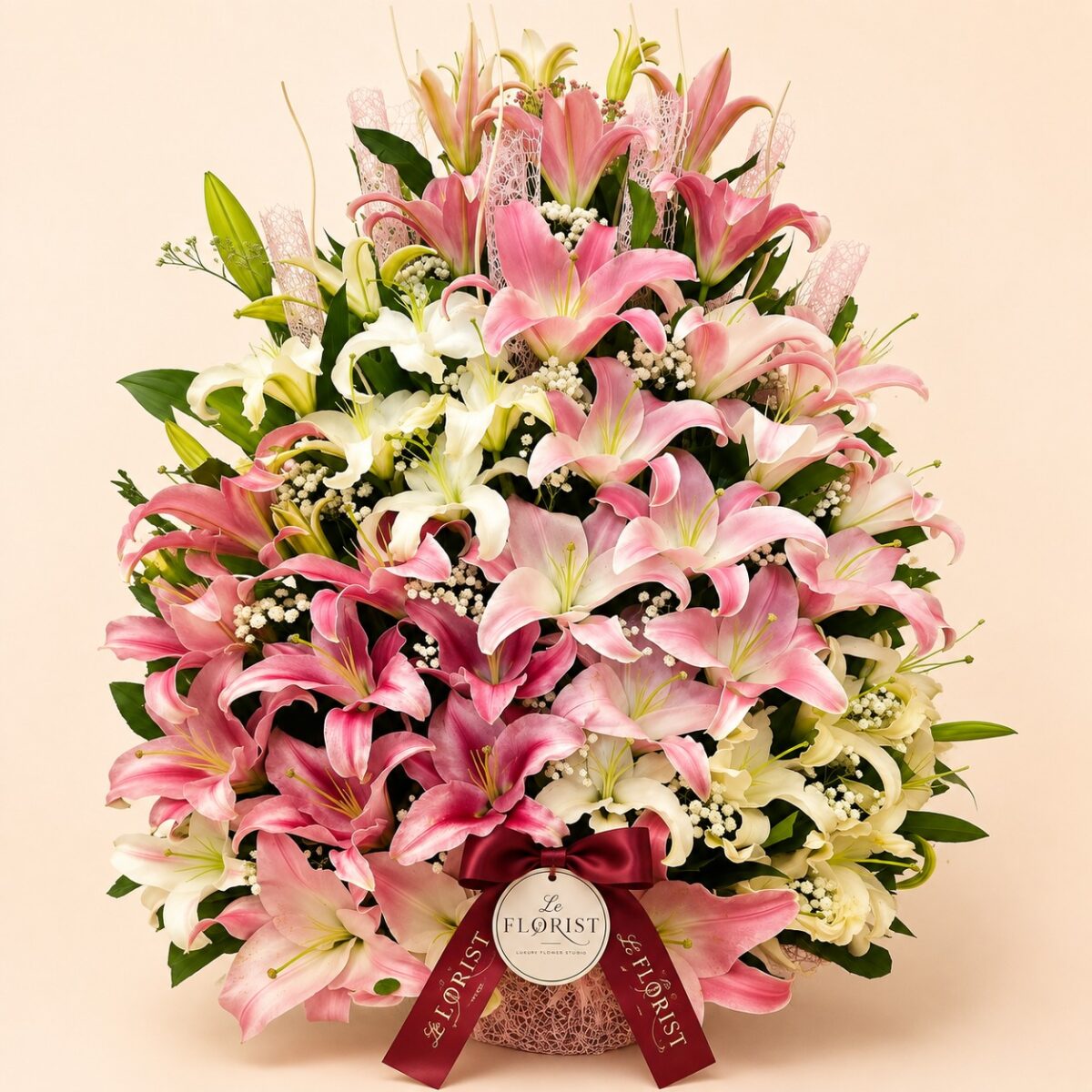 Grand pink and ivory lily arrangement with baby's breath