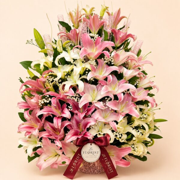 Grand pink and ivory lily arrangement with baby's breath