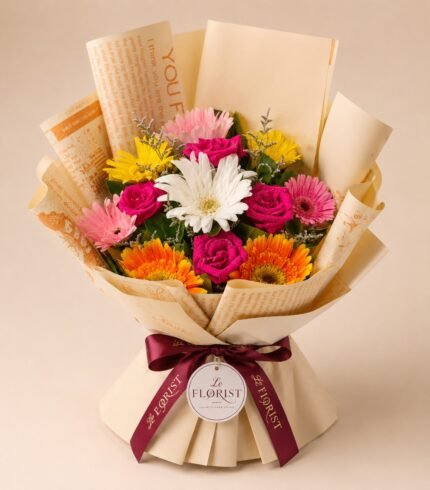 Colourful gerbera and pink rose bouquet in printed wrapping