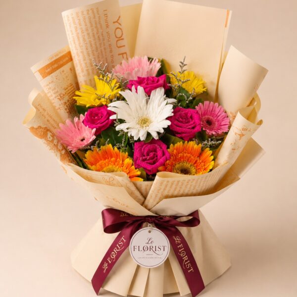 Colourful gerbera and pink rose bouquet in printed wrapping