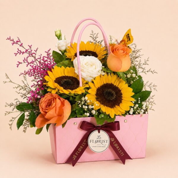 Sunflower and rose arrangement in a pink handbag flower box