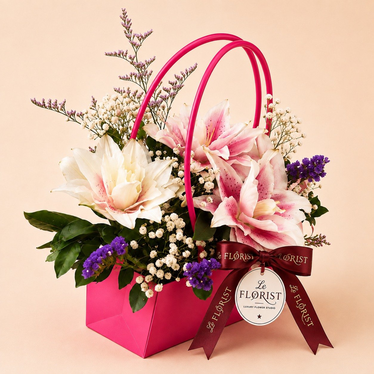 Purple Passion – Lily Handbag Flower Box Pink and white lily arrangement in a hot pink handbag flower box