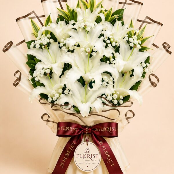 Grand white lily bouquet with baby's breath and ivory wrapping