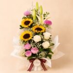 Tall sunflower lily and white rose bouquet with pink flowers