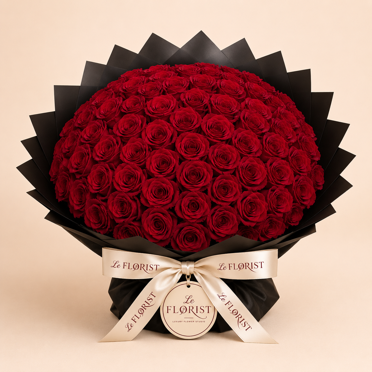 Grand Crimson – Luxury Red Rose Bouquet Grand luxury red rose bouquet in black wrapping
