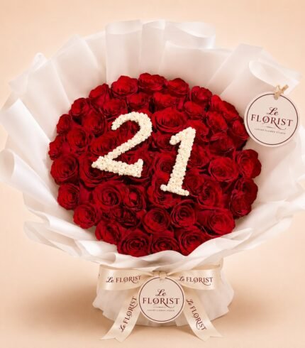 Red rose bouquet with white floral number 21