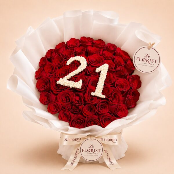 Red rose bouquet with white floral number 21