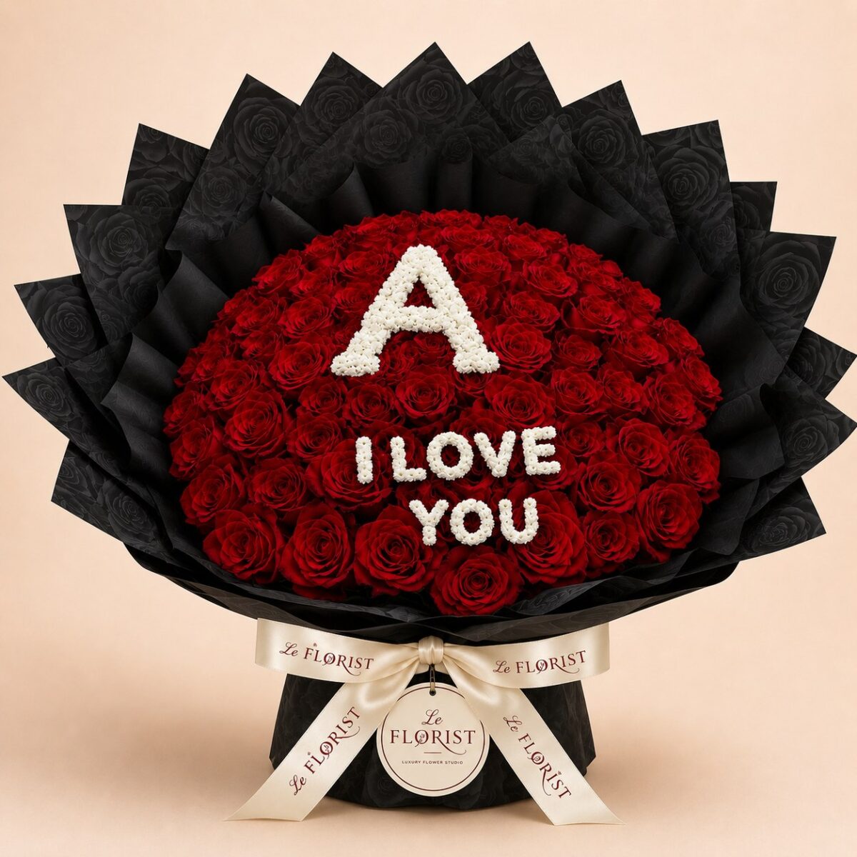 Personalized red rose bouquet with A and I Love You message