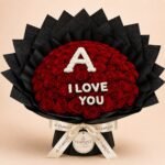 Personalized red rose bouquet with A and I Love You message