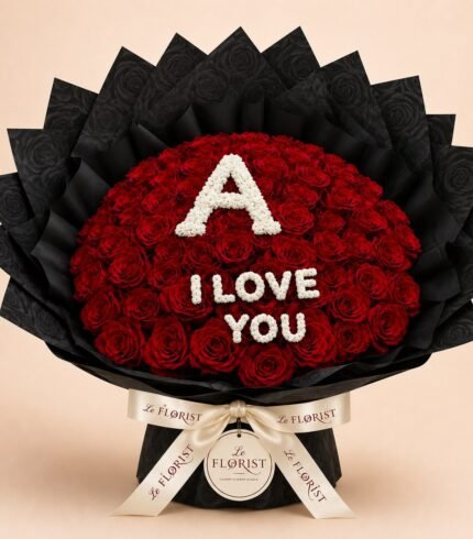 Personalized red rose bouquet with A and I Love You message