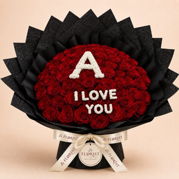 Personalized red rose bouquet with A and I Love You message
