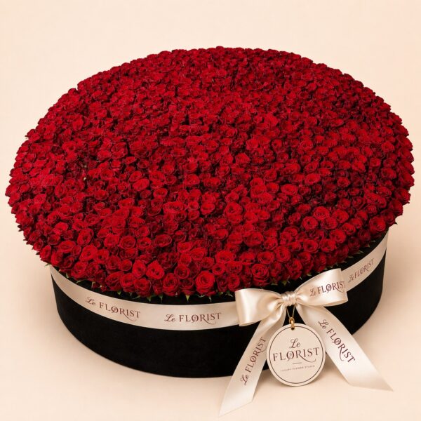 Monumental grand red rose box in black round box