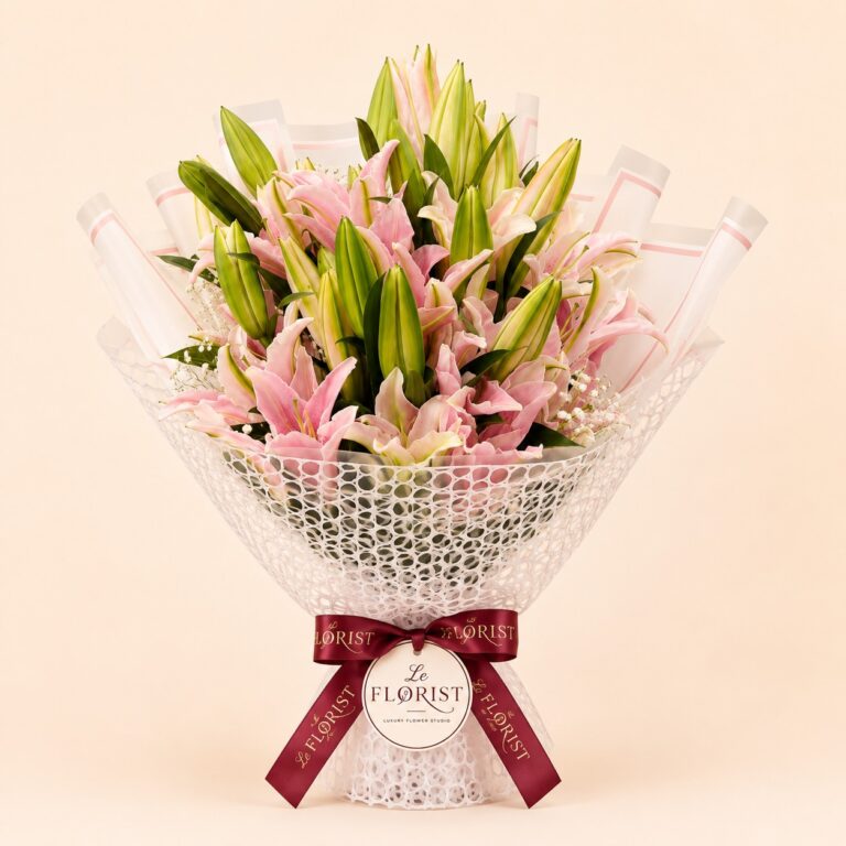 Premium pink lily bouquet with many fresh buds in white mesh wrapping