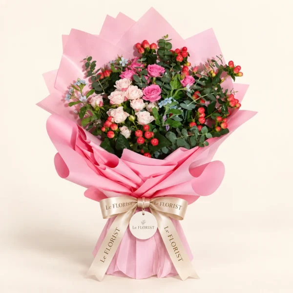 Berry Blush – Pink Spray Rose & Hypericum Bouquet by Le Florist, flower delivery in Dhaka