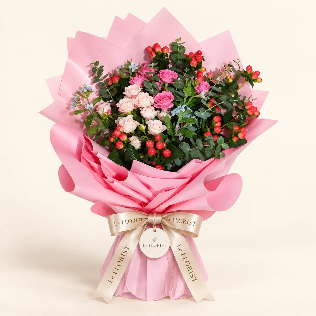 Berry Blush – Pink Spray Rose & Hypericum Bouquet by Le Florist, flower delivery in Dhaka