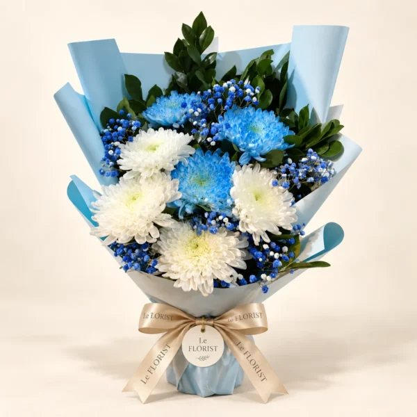 Blue Serenity – Blue & White Chrysanthemum Bouquet by Le Florist, flower delivery in Dhaka