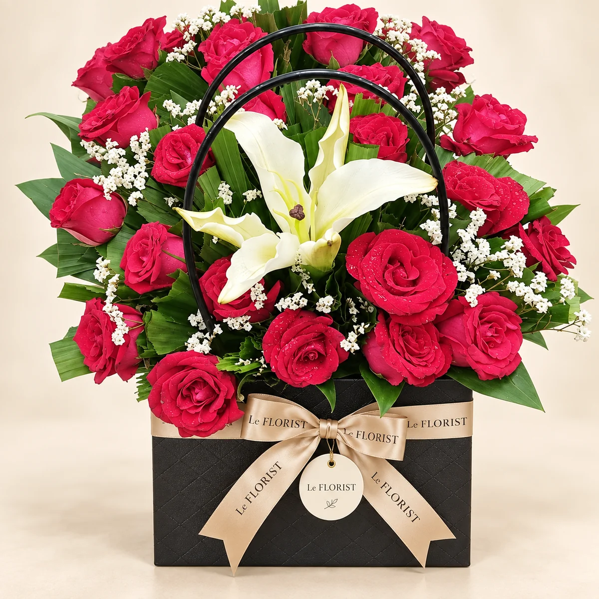 Crimson Lily Box – Red Rose & White Lily Arrangement by Le Florist, flower delivery in Dhaka
