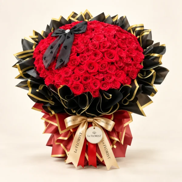Imperial Velour – 100 Red Roses Black & Gold Bouquet by Le Florist, flower delivery in Dhaka