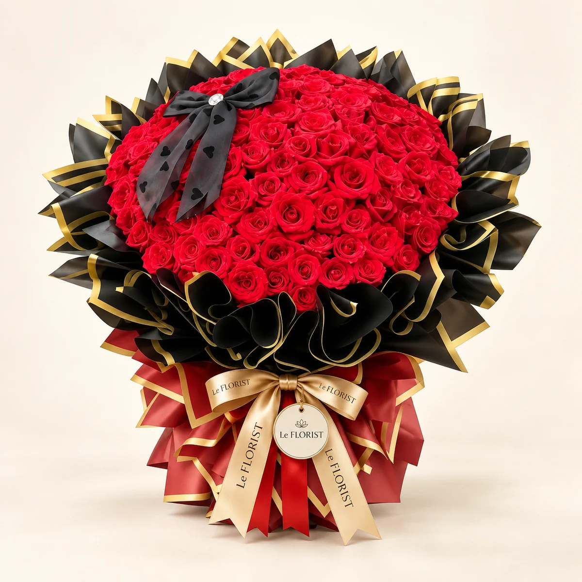 Imperial Velour – 100 Red Roses Black & Gold Bouquet by Le Florist, flower delivery in Dhaka