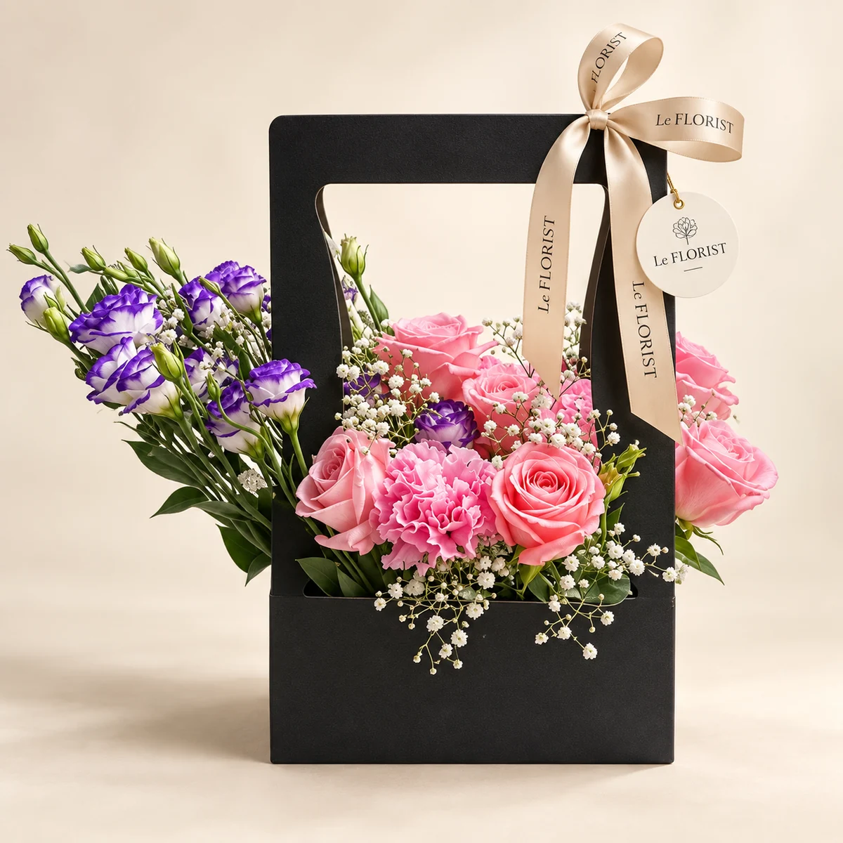 Lilac Handbag – Rose, Carnation & Lisianthus Flower Box by Le Florist, flower delivery in Dhaka