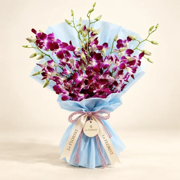 Orchid Breeze – Purple Orchid Bouquet in Sky Blue by Le Florist, flower delivery in Dhaka
