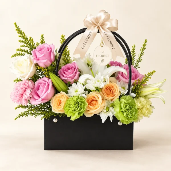 Pastel Promenade – Garden Rose & Lily Handbag Box by Le Florist, flower delivery in Dhaka