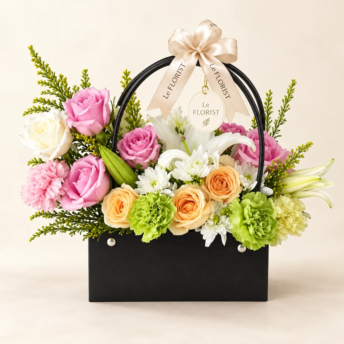 Pastel Promenade – Garden Rose & Lily Handbag Box by Le Florist, flower delivery in Dhaka