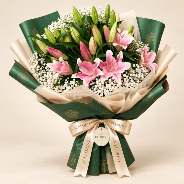 Pink Aurora – Pink Lily & Baby’s Breath Bouquet by Le Florist, flower delivery in Dhaka