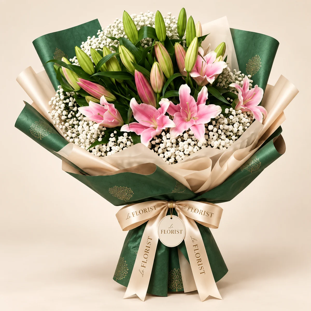 Pink Aurora – Pink Lily & Baby’s Breath Bouquet by Le Florist, flower delivery in Dhaka