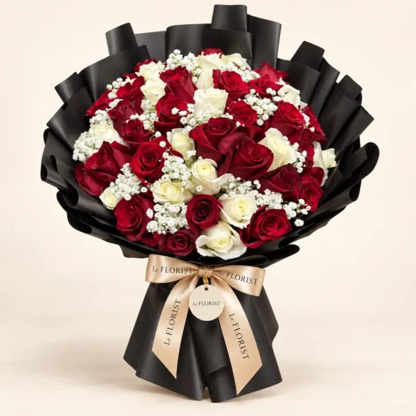Proud Moments – 50 Red & White Rose Graduation Bouquet by Le Florist, flower delivery in Dhaka