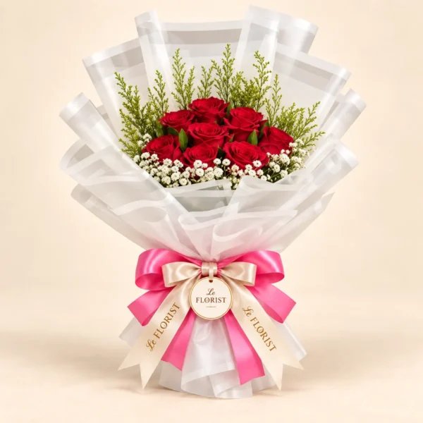 Pure Crush – 12 Red Rose Bouquet with Pink Ribbon by Le Florist, flower delivery in Dhaka