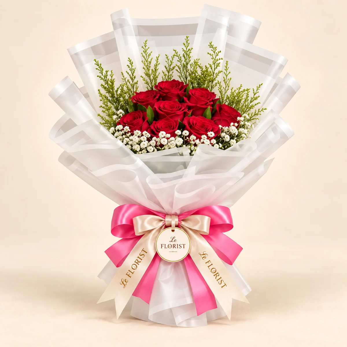 Pure Crush – 12 Red Rose Bouquet with Pink Ribbon by Le Florist, flower delivery in Dhaka