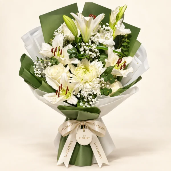 Pure Tribute – White Lily, Rose & Chrysanthemum Bouquet by Le Florist, flower delivery in Dhaka