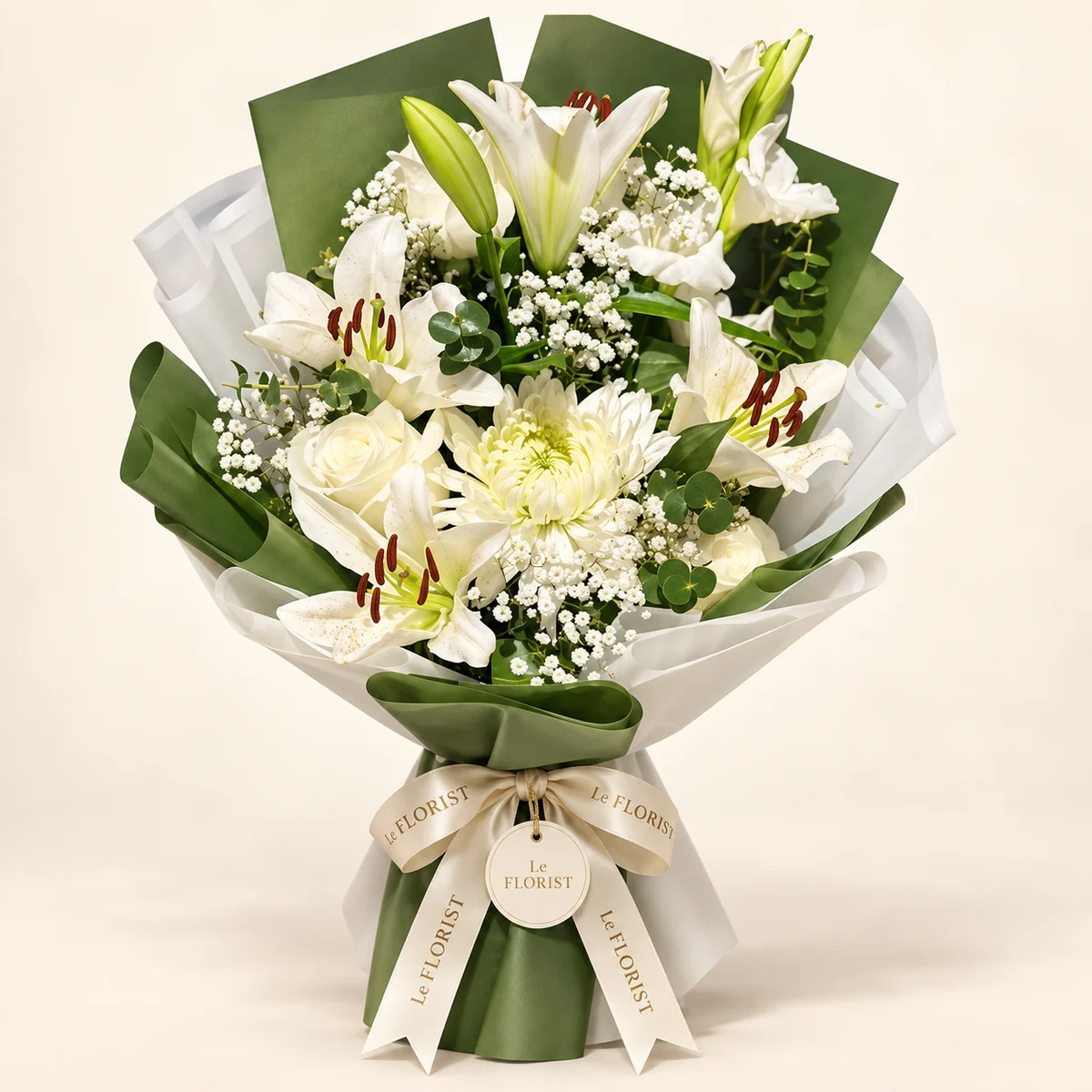 Pure Tribute – White Lily, Rose & Chrysanthemum Bouquet by Le Florist, flower delivery in Dhaka