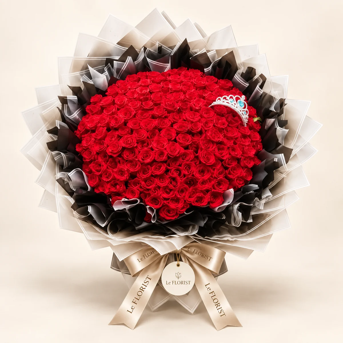 Queen’s Crown – 100 Red Roses with Tiara by Le Florist, flower delivery in Dhaka
