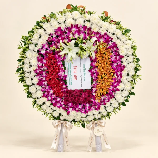 Shraddha Ring – Orchid & Chrysanthemum Tribute Wreath by Le Florist, flower delivery in Dhaka