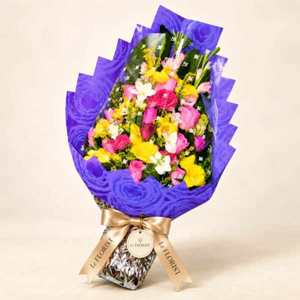 Spring Fiesta – Freesia, Tulip & Rose Bouquet by Le Florist, flower delivery in Dhaka