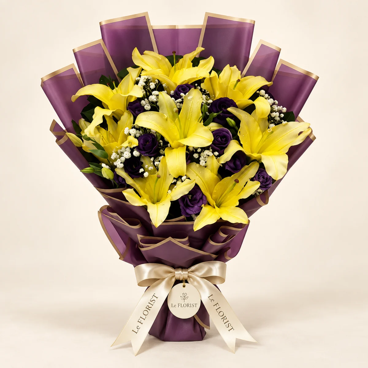 Sunlit Majesty – Yellow Lily & Purple Lisianthus Bouquet by Le Florist, flower delivery in Dhaka