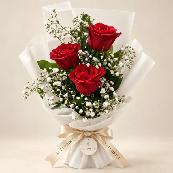 3 Red Roses Bouquet in White Wrap by Le Florist, flower delivery in Dhaka