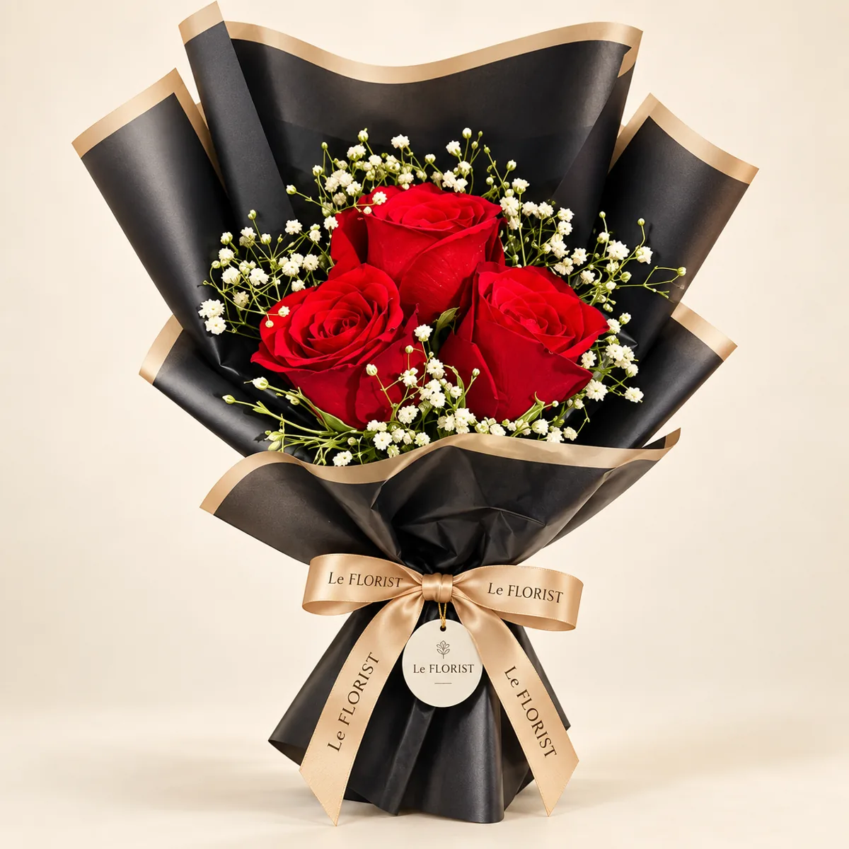 3 Red Roses Luxe Black & Gold Bouquet by Le Florist, flower delivery in Dhaka