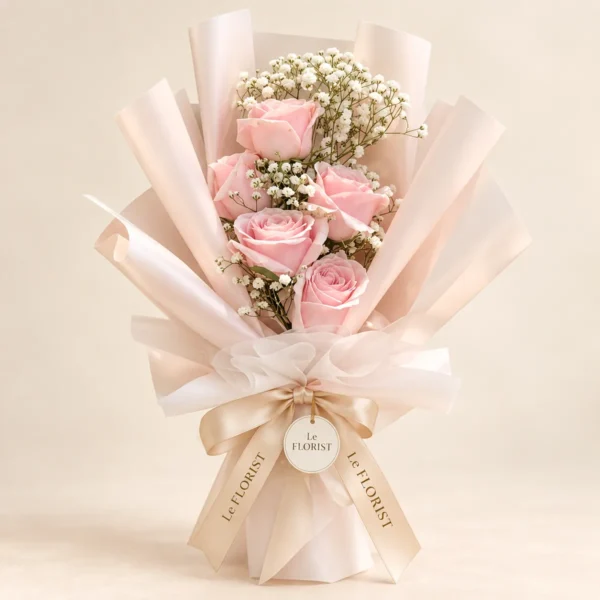 6 Pink Roses Bouquet in Blush Wrap by Le Florist, flower delivery in Dhaka