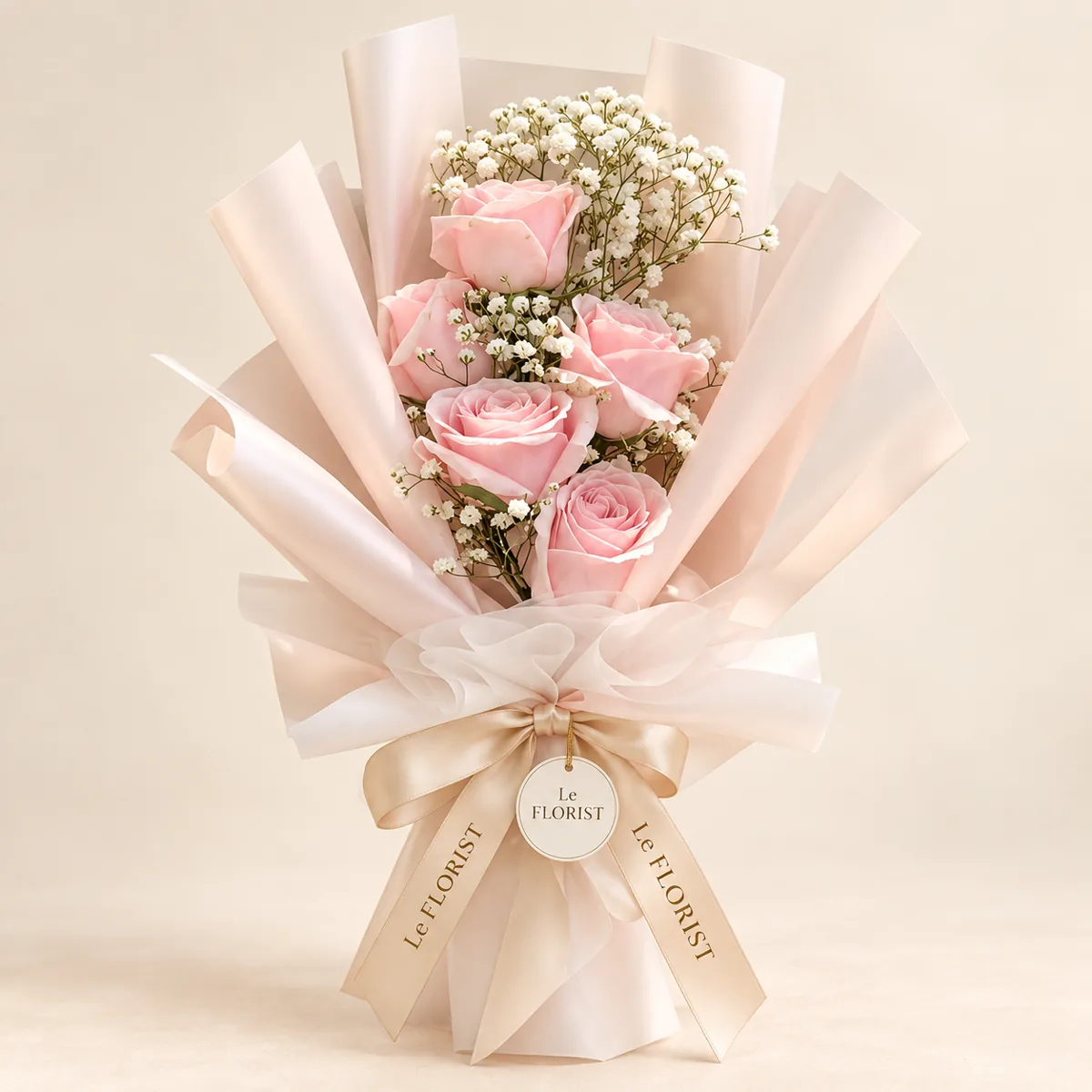 6 Pink Roses Bouquet in Blush Wrap by Le Florist, flower delivery in Dhaka