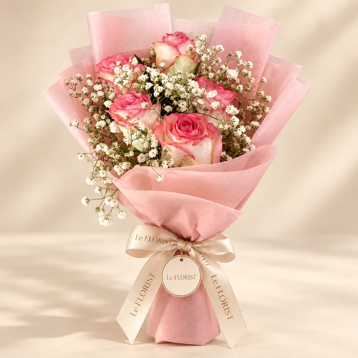 6 Pink & White Bicolor Roses Bouquet by Le Florist, flower delivery in Dhaka