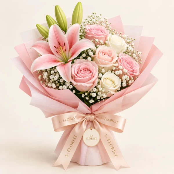 Blush Lily & Roses Signature Bouquet by Le Florist, flower delivery in Dhaka