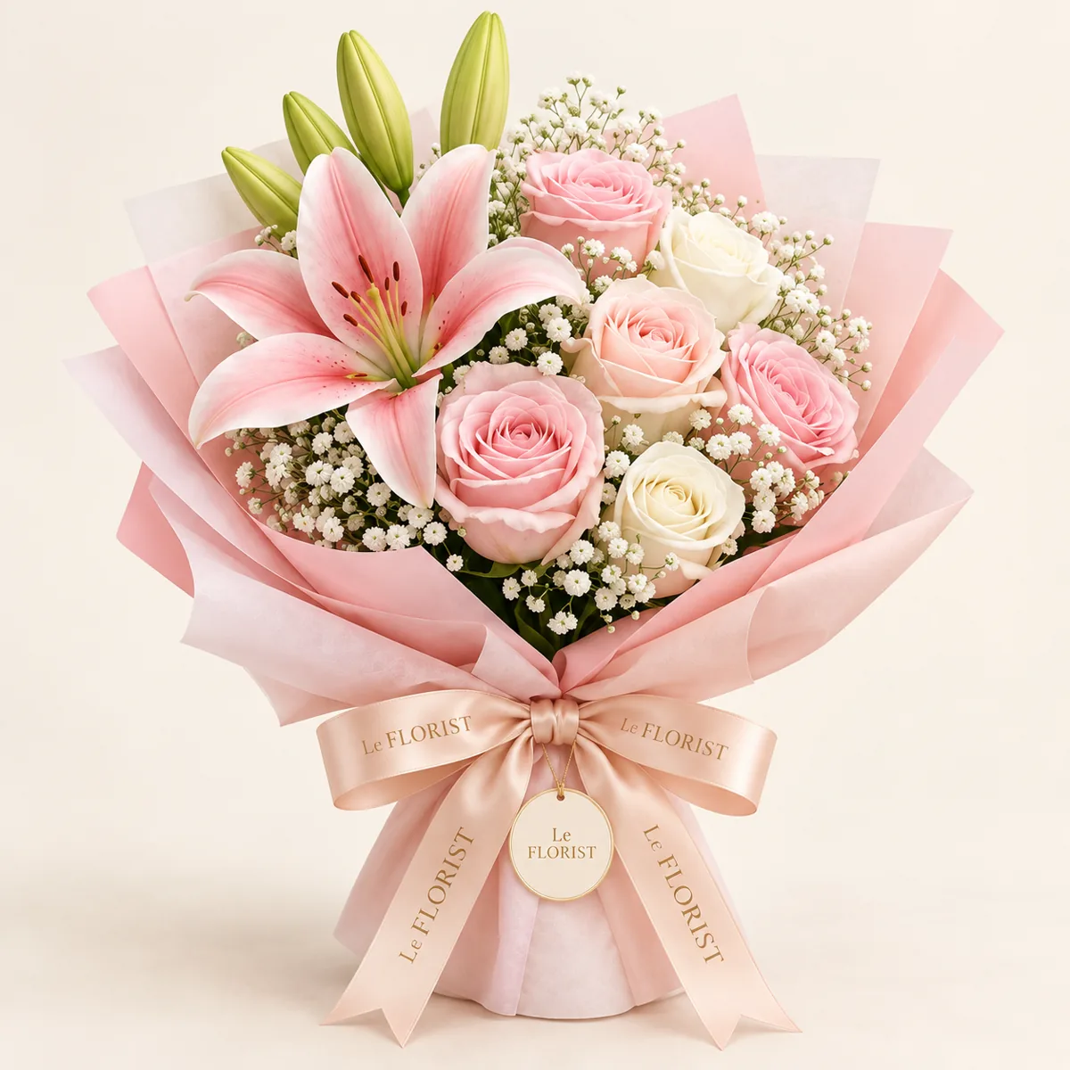 Blush Lily & Roses Signature Bouquet by Le Florist, flower delivery in Dhaka